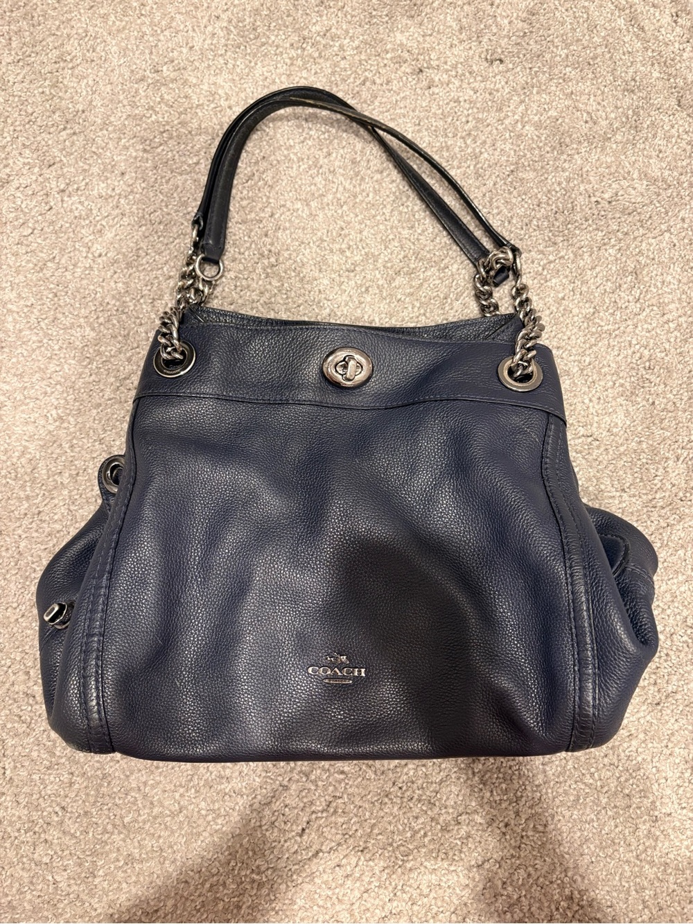 Coach Navy Pebbled Leather Shoulder Bag with Silver Chain Handles